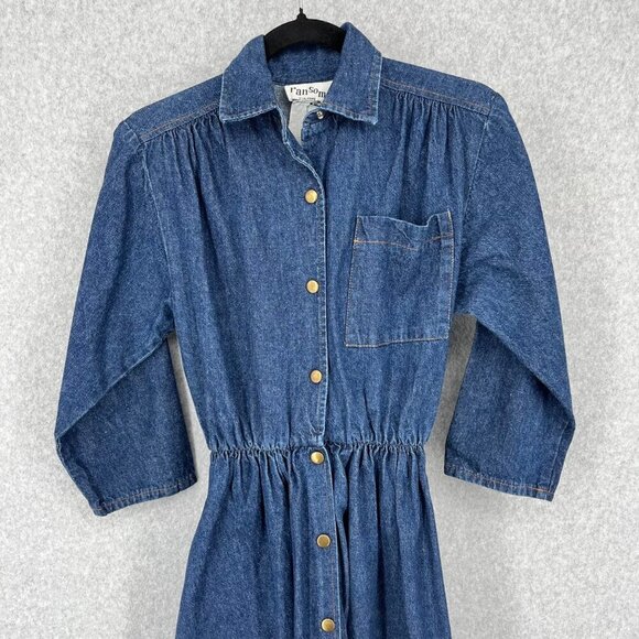 Ransom Vtg 70s Midi Denim Dress Size 6 Dark Blue Wash Snap Front Pockets Modest - Picture 4 of 14